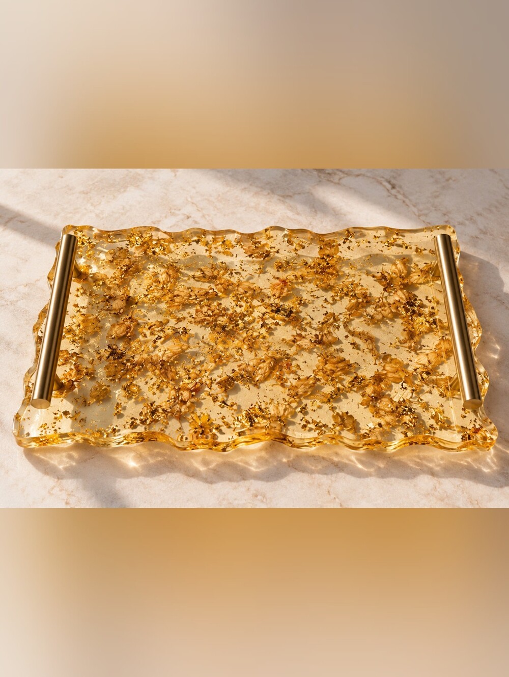Hand Poured Resin Botanical Gold Leaf Serving Vanity Tray Gold Tone Handles